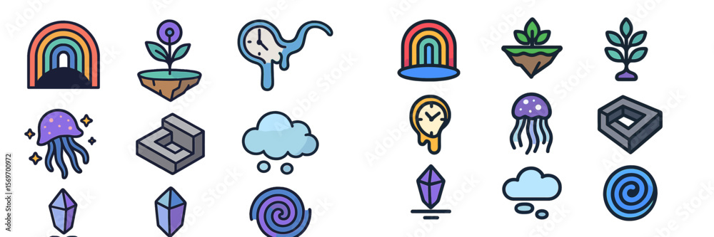 Poster colorful icons and symbols depicting nature and abstract concepts in a creative arrangement