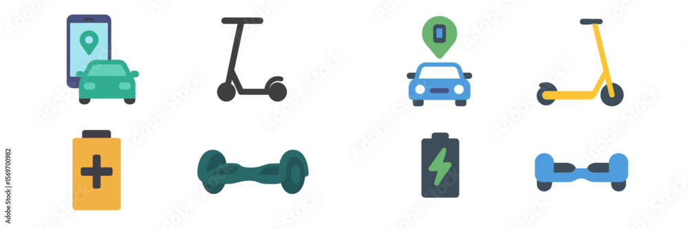 Poster icons representing various modes of transportation and charging options in a modern urban environmen