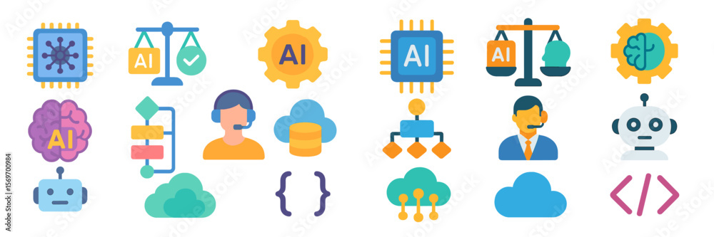 Poster Illustration of artificial intelligence concepts with various icons representing technology and communication activities