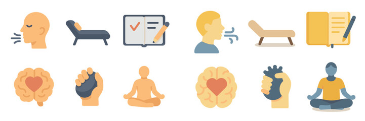 Mindfulness and emotional well-being activities illustrated in a vibrant style for mental health awareness