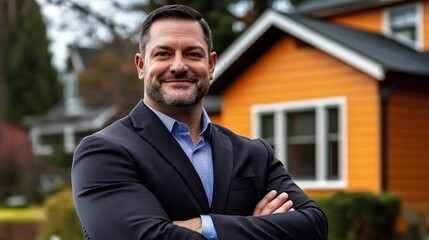 Businessman portrait in front of a house.  Possible use  Business headshot