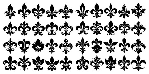 Minimalist black and white fleur-de-lis designs, arranged in a grid
