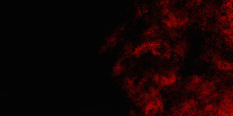 Obraz premium Red color powder explosion isolated on black background. Colorful dust explode. Paint Holi, dust particles splash. Network concept with spray. Futuristic technology element. 3D rendering.