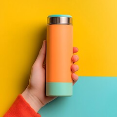 Hand holding colorful thermos with yellow background. (1)