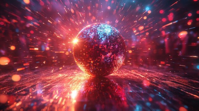 Shining disco ball with light trails and colorful sparkles - Powered by Adobe