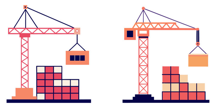 Line art illustration a construction crane lifts building blocks above a partial structure.