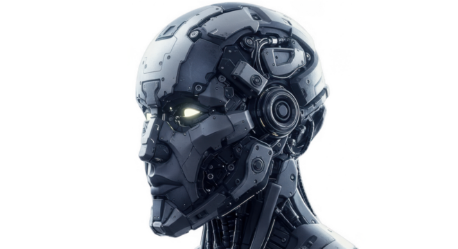 A futuristic robotic head with glowing eyes, rendered against a white background.