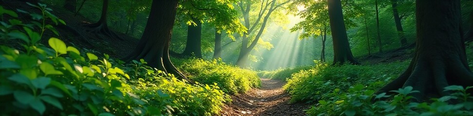 Mysterious Forest Path Sunlight Dapples a Winding Trail Leading to an Unknown Destination, Inviting Exploration and Adventure