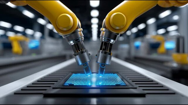 Robotic arms assemble electronic components in modern factory environment