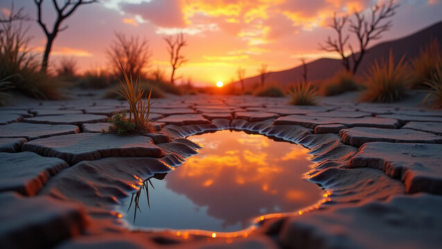 The reflection of a sunset in a puddle on the cracked summer ground