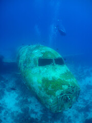 A diver exploring a sunken plane off the island of Aruba