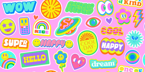 Cool Y2k Stickers Collage Seamless Pattern Vector Design. Cute Funny Patches Background.