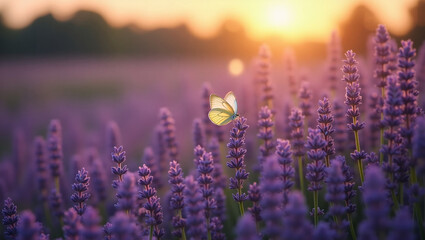 Naklejka premium Butterflies on blooming lavender in the soft evening light