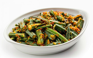 Delicious Bhindi Masala, a spicy Indian okra stir-fry, served in a white dish. A flavorful vegetarian side.