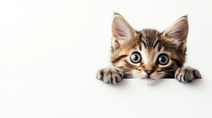 Obraz premium Curious kitten peeking from side, wide eyes and playful mood, white background