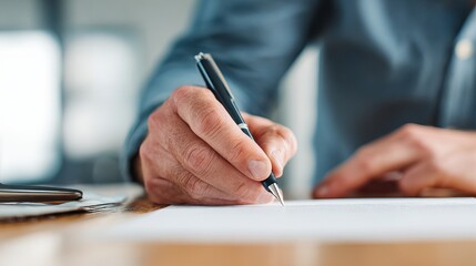 A person in a blue shirt is writing with a pen on paper at a desk, with a pair of glasses placed nearby.