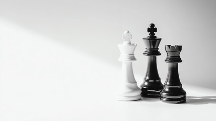 King and queen chess pieces in spotlight, symbolic leadership, white background