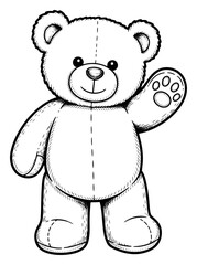 Black and White Line Art Illustration of a Standing Teddy Bear Waving