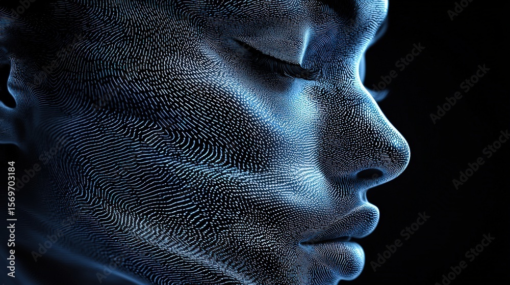 Poster The woman profile showcases detailed blue patterns that evoke a sense of digital technology and data visualization, creating a striking contrast against a dark background