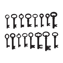 Collection of antique skeleton keys in a distinctive silhouette vector style.
