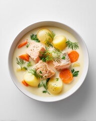 Traditional creamy Finnish salmon soup with vegetables and dill in white bowl white background
