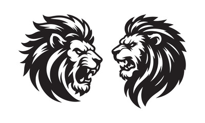 a side angry lion head vector clip art black and white silhouette bold and clean line white background flat desig