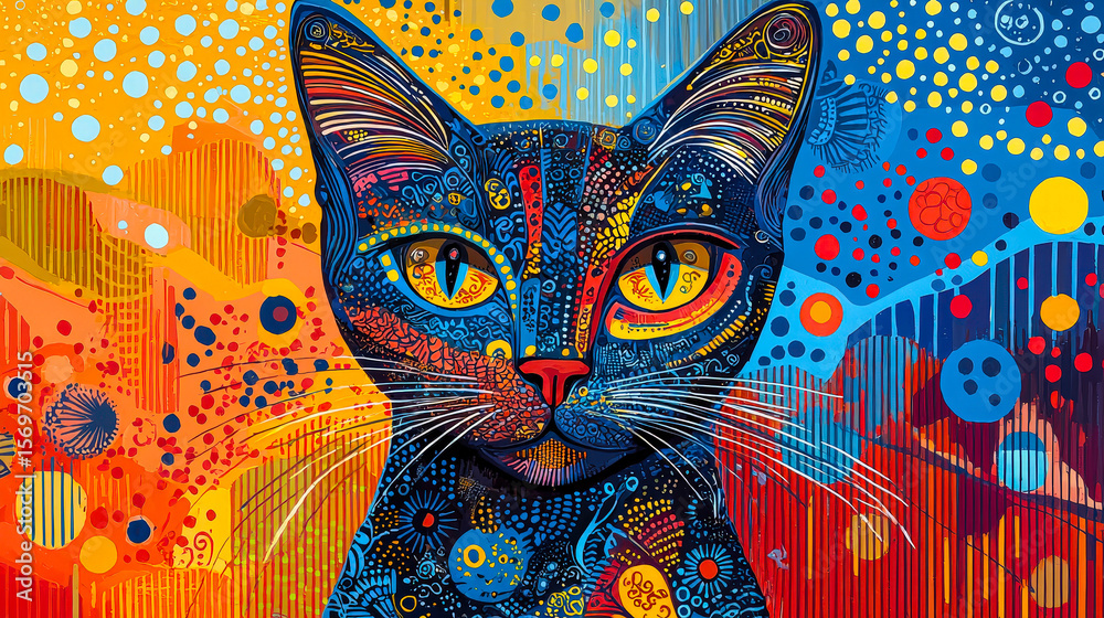 Poster The artwork depicts a cat with striking features, set against a backdrop of dynamic colors and intricate designs