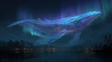 Glowing whale in night sky over lake