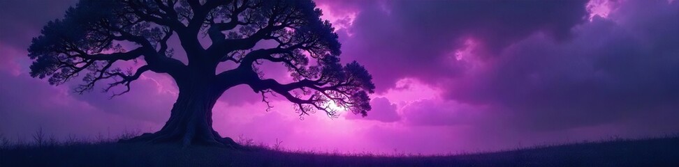 Ancient Oak Silhouette Against Stormy Twilight Sky Mystical Fantasy Tree Photography