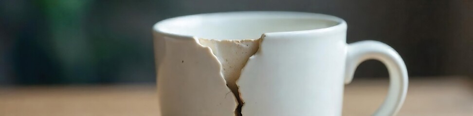 Broken White Ceramic Mug Close-Up Damaged, Cracked, Discard, Sadness, Studio Shot