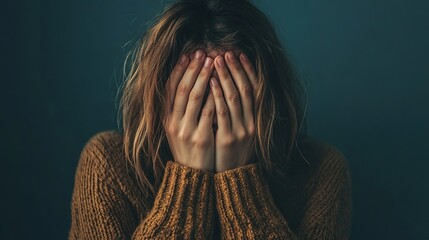 A person with tousled hair wearing a brown sweater covers their face with both hands against a dark background.