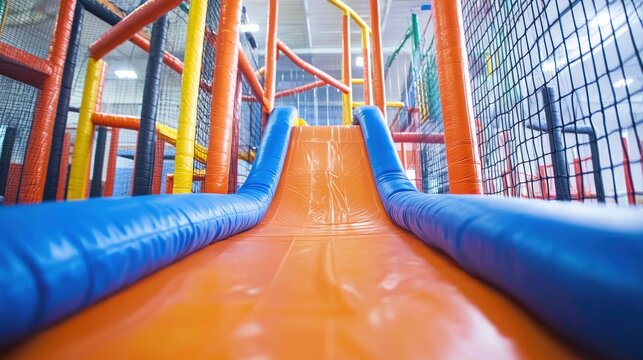 A vibrant, colorful indoor playground with a blue and orange inflatable slide and various climbing structures.