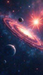 Awe-Inspiring Cosmic Scene Planets Orbit Distant Star, Nebulae Swirl in Majestic Galaxy Background - Perfect for Sci-Fi, Astronomy & Space Exploration Projects