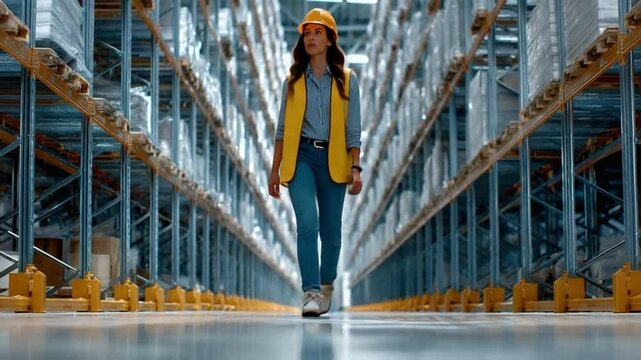 Warehouse Supervisor Inspection: A woman, meticulously dressed in a reflective vest and safety helmet, strides confidently through a sprawling warehouse.