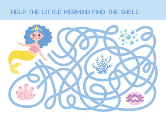 Children logic game to find path. Help the mermaid find the shell. Educational game for kids. Funny cartoon characters. Worksheet page