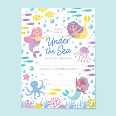 Kids Birthday party invitation. Mermaids and undersea life design for girl's Birthday. Vector template for holiday