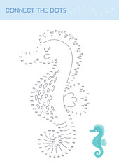 Connect the dots educational game for children. Cute cartoon sea horse. Numbers game. Printable worksheet for kids. Dot to dot and color. Vector illustration.