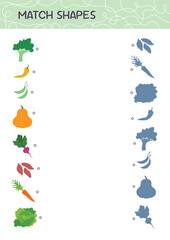 Find the correct shadow. Match shapes educational game for kids. Attention task. Choose the right silhouette. Worksheet page. Activity book. Vector illustration