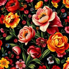 An intricate floral fabric pattern featuring vibrant blooms in red, pink, yellow, and blue against a rich black background