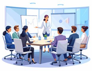 Business Meeting in Light Blue Room with Woman Presenting to a Team Around a Conference Table in a Modern Office with Projectors and Whiteboards