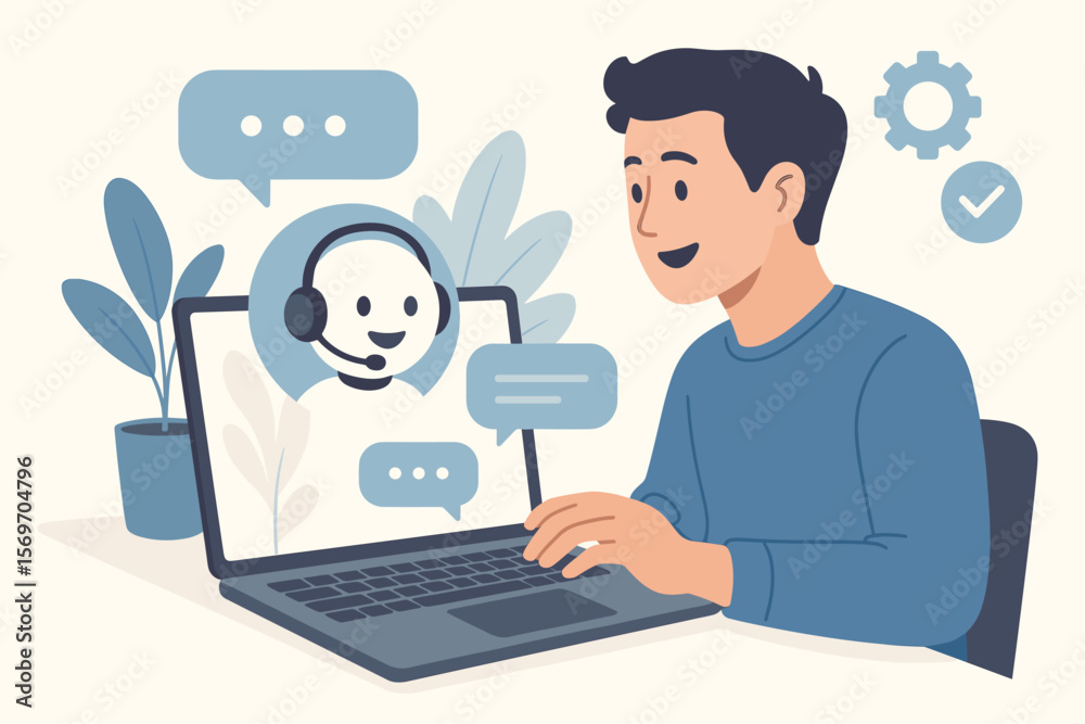 Poster man using ai chatbot on laptop for customer service. virtual assistant robot providing online suppor