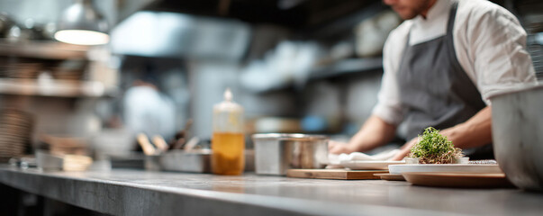Focused chef preparing a dish in a professional kitchen. The meticulous plating and fresh greens evoke culinary artistry and restaurant excellence. Depth of field emphasizes precision.