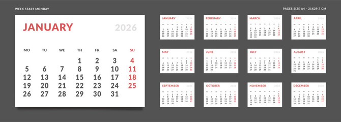 2026 Calendar Planner Set of Template Monthly Page with Note and cover with Place for Photo, Company Logo. Vector grid layout of wall or desk organizer with week start Monday for print. Pages size A4