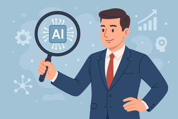 Businessman with magnifier analyzes AI chip. Artificial intelligence, machine learning, data analysis, digital transformation, business growth strategy, future technology concept.