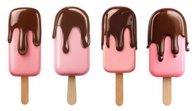 Four pink ice cream popsicles with dripping chocolate isolated on transparent background
