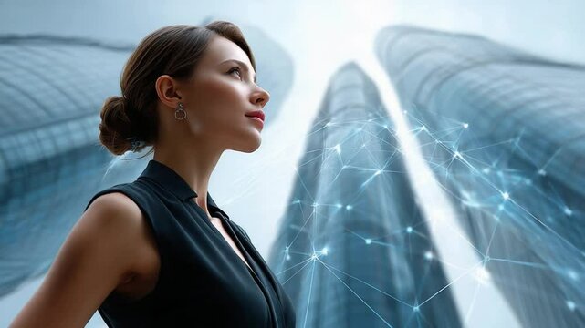 Business Visionary: A young, ambitious woman stands confidently against the backdrop of towering skyscrapers, symbolizing vision, determination, and the boundless possibilities of modern business.