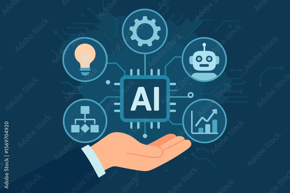 Aufkleber artificial intelligence technology concept. hand holding ai microchip with icons for machine learnin