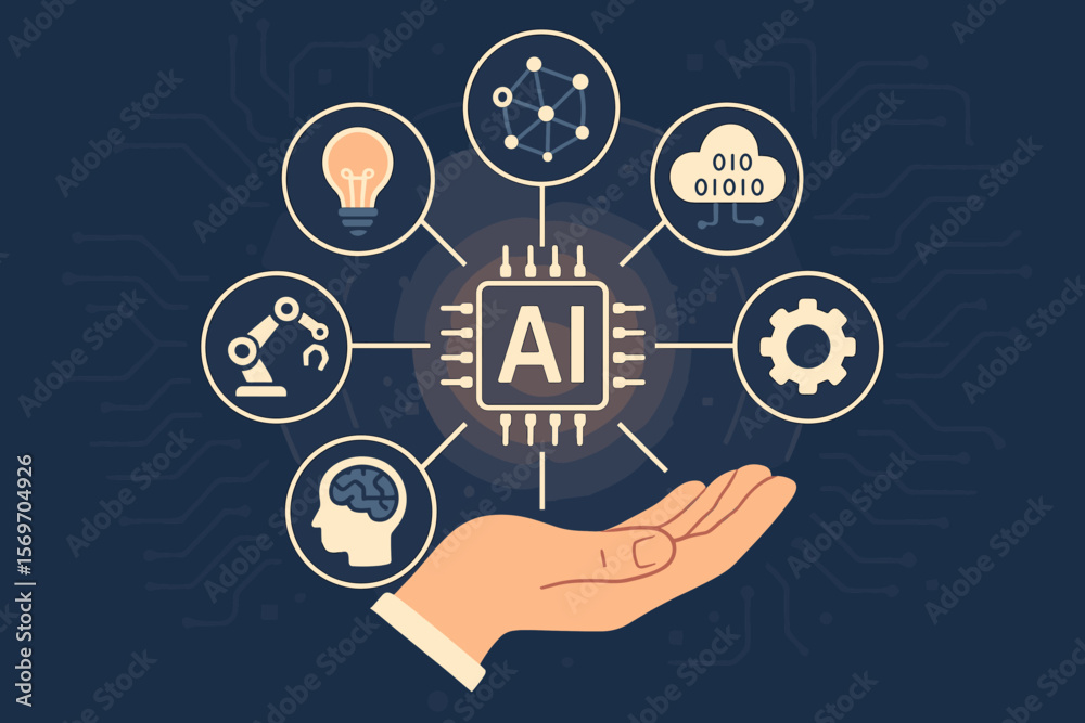 Aufkleber artificial intelligence concept. hand holding ai chip with icons for machine learning, automation, d