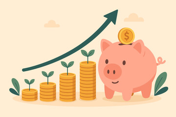 Piggy Bank Savings Growth, Investment Money Coin Stack with Plants, Financial Success, Upward Graph, Wealth Management, Budget Planning, Economic Growth Concept