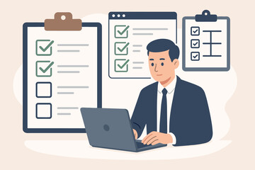 Task management concept. Businessman with laptop working on productivity checklist. Online assessment form, questionnaire and survey for audit. Project planning and goal completion.